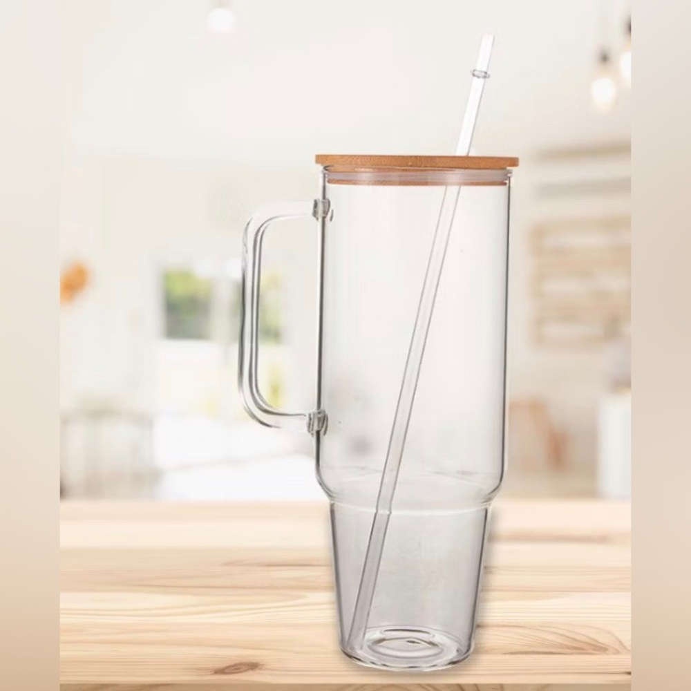2 Tumbler Bamboo Lid clear glass cup 40oz large